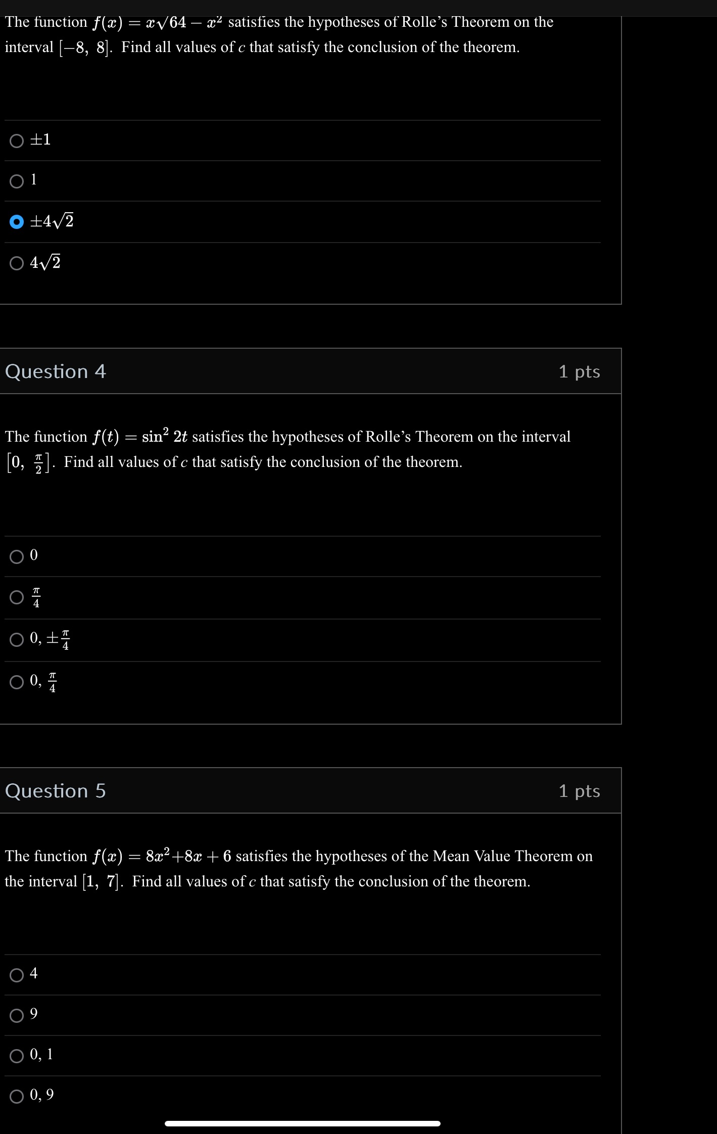 The function f(x) = x/64 x satisfies the hypotheses of Rolle's Theorem