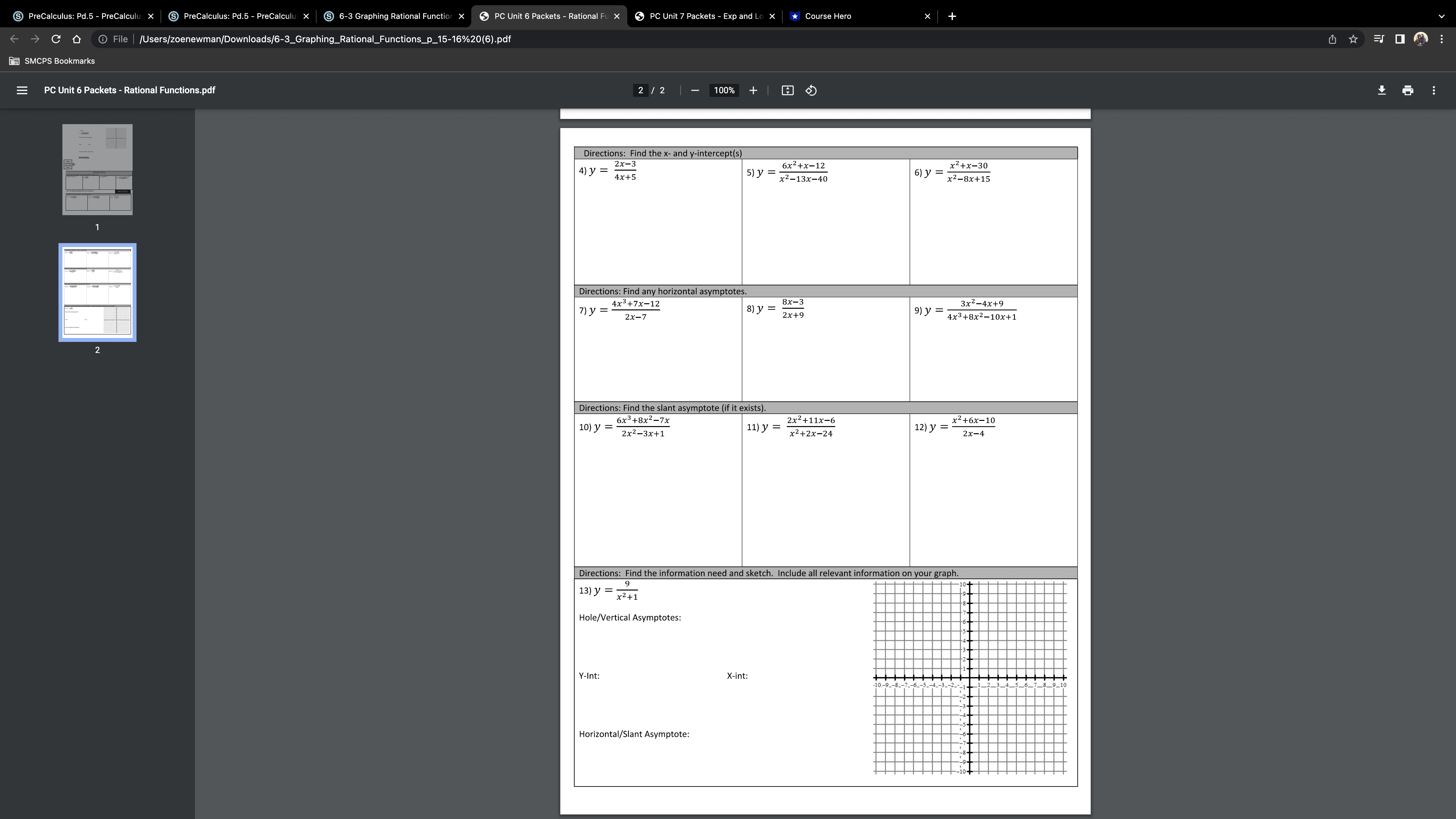 Graphing Rational Function X PC Unit 6 Packets - Rational Fu X