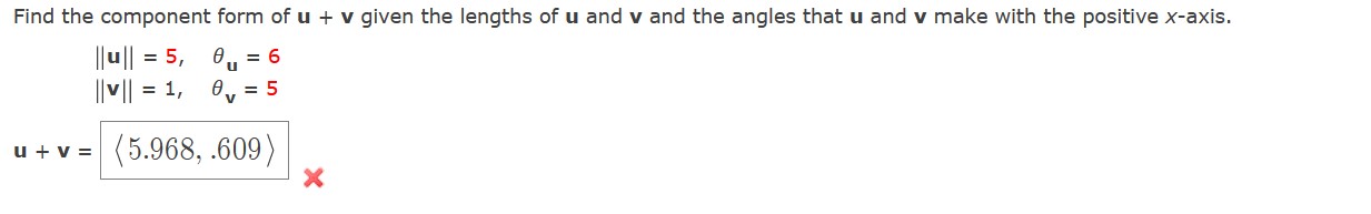 Find the component form of u + v given the lengths of