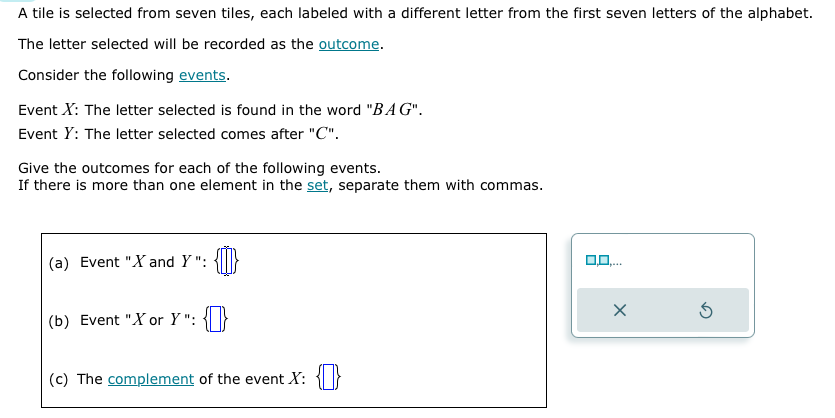 A tile is selected from seven tiles, each labeled with a different