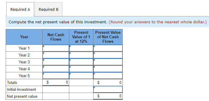 Required A Required B Compute the net present value of this investment.