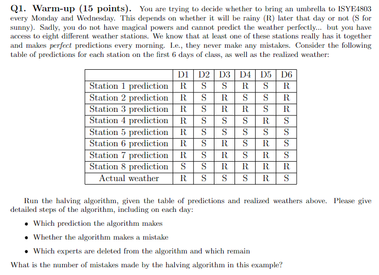 Q1. Warm-up (15 points). You are trying to decide whether to bring