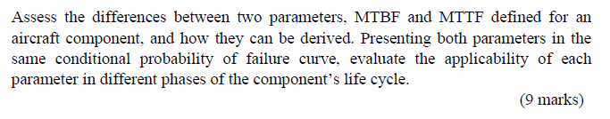 Assess the differences between two parameters, MTBF and MTTF defined for an