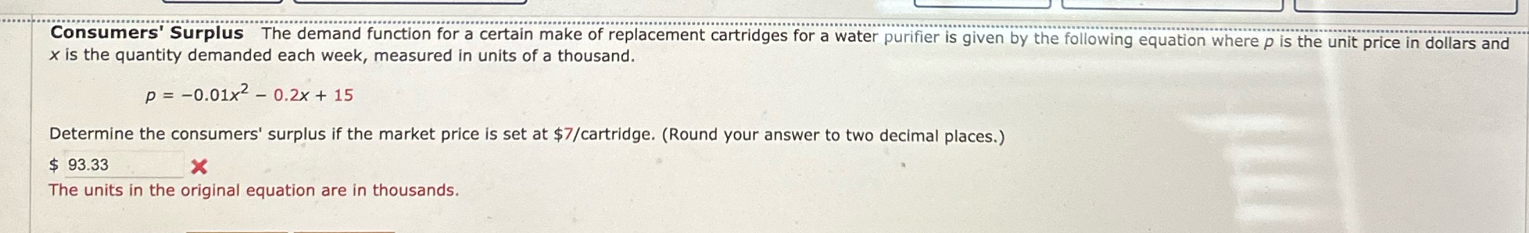 Consumers' Surplus The demand function for a certain make of replacement cartridges