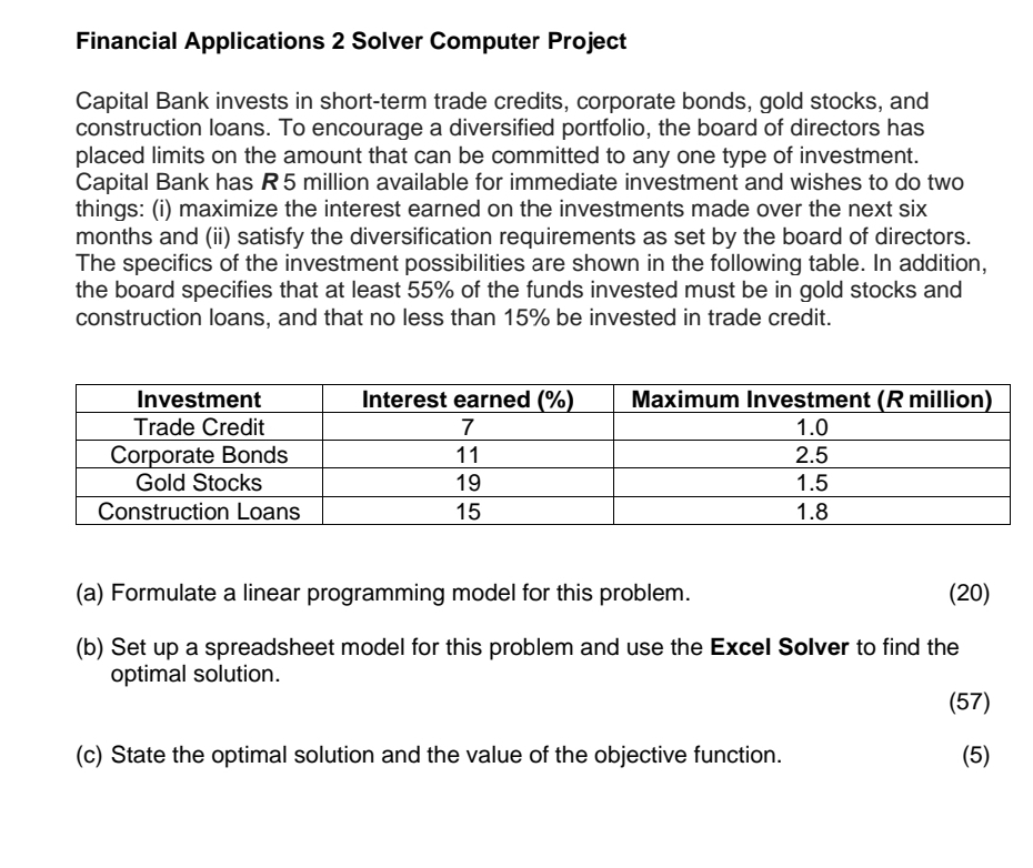 Financial Applications 2 Solver Computer Project Capital Bank invests in short-term trade
