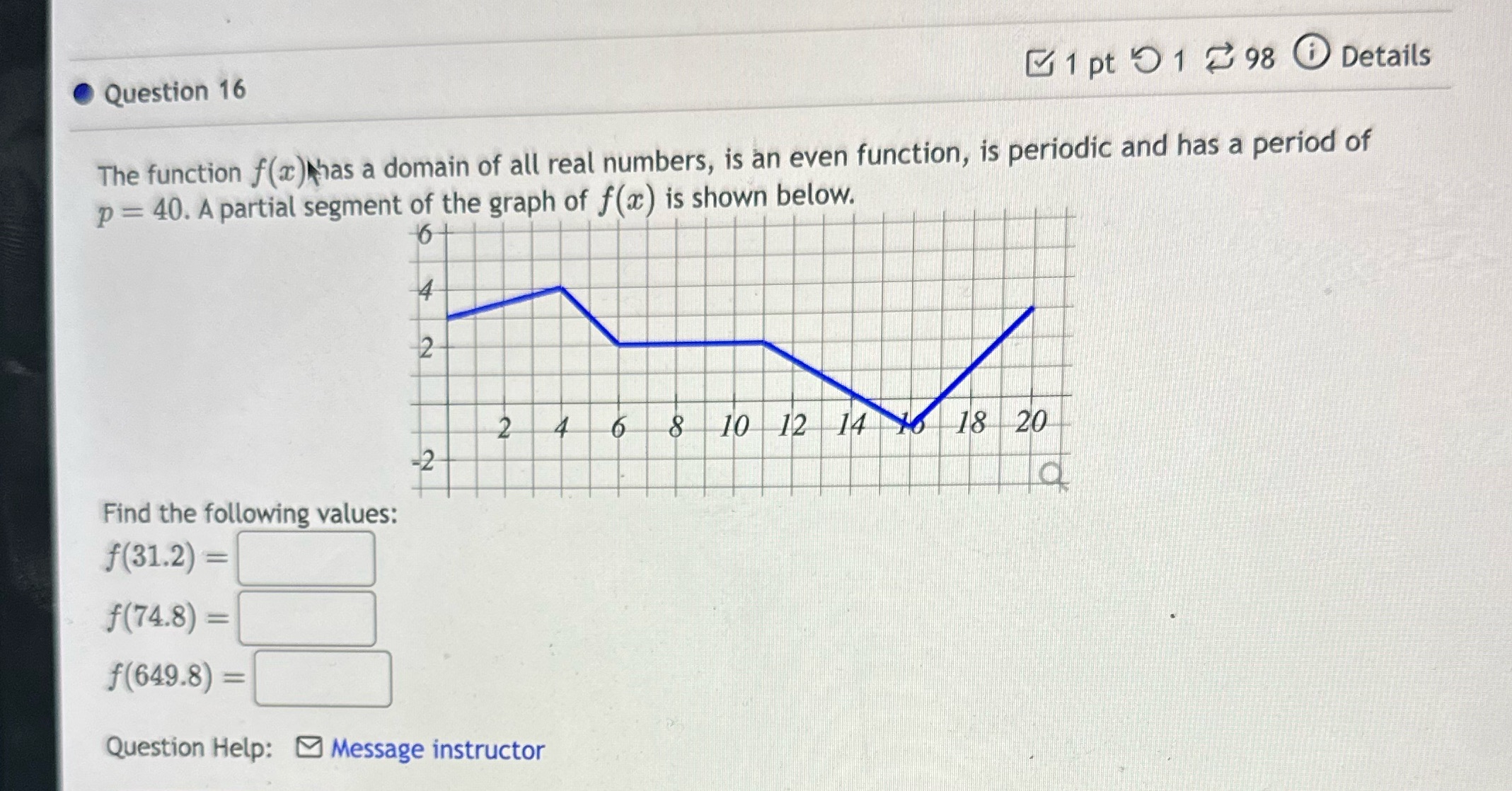 Question 16 1 pt 198 Details The function f(x) has a domain
