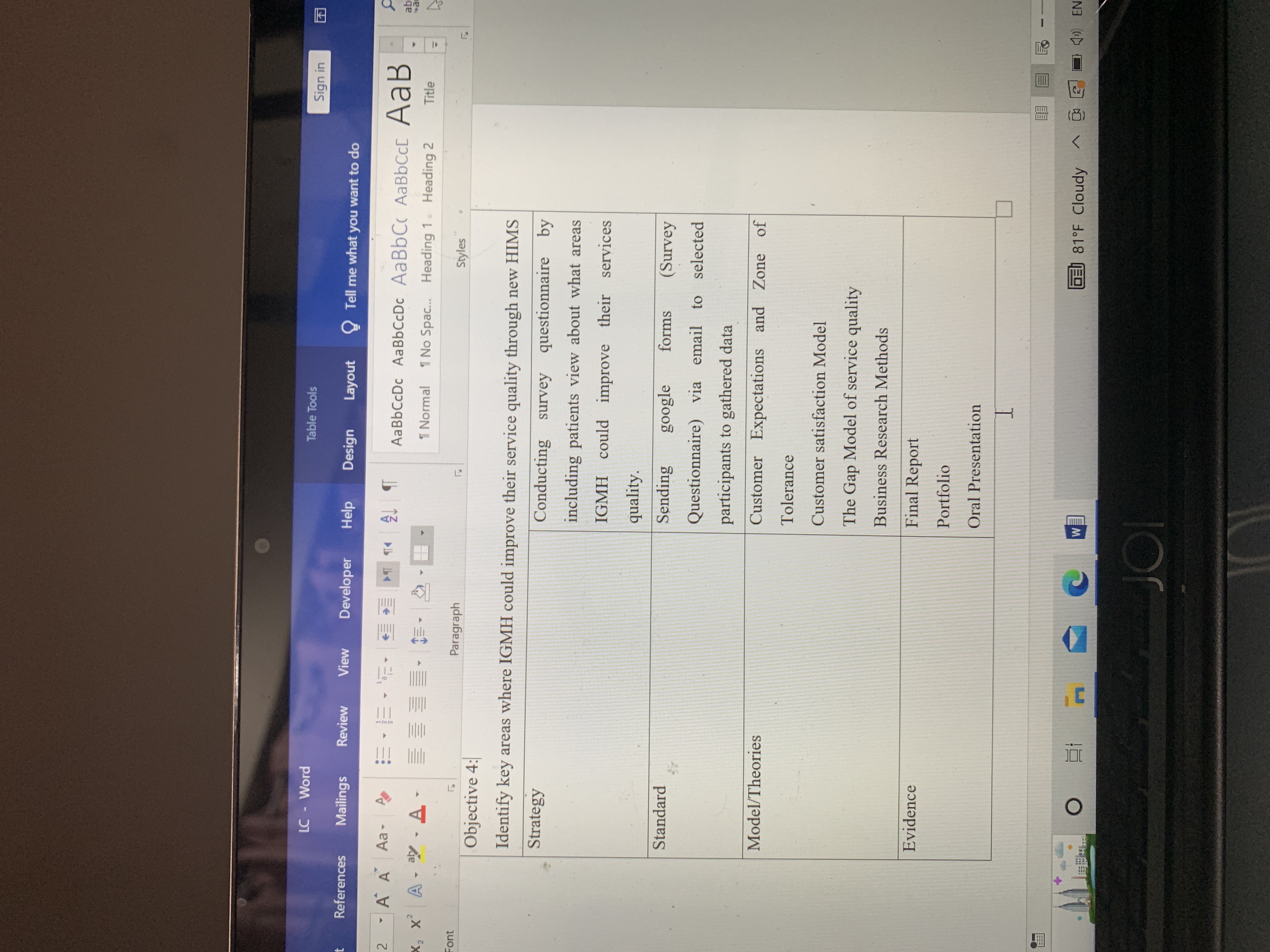 LC - Word Table Tools Sign in t References Mailings Review View