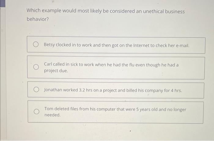 Which example would most likely be considered an unethical business behavior? Betsy