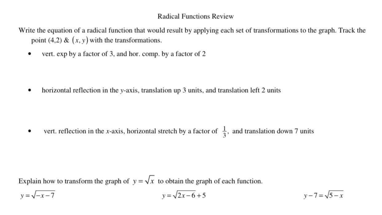 Radical Functions Review Write the equation of a radical function that would