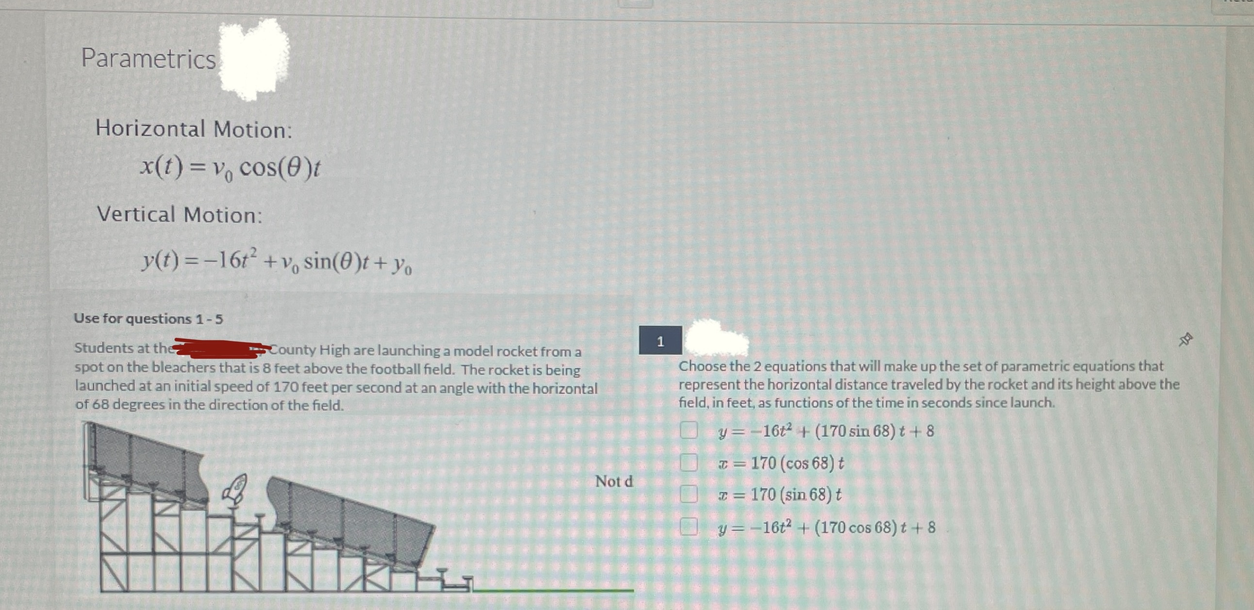 Parametrics Horizontal Motion: x(t) = v cos(0)t Vertical Motion: y(t)=-16t+v, sin(0)t +