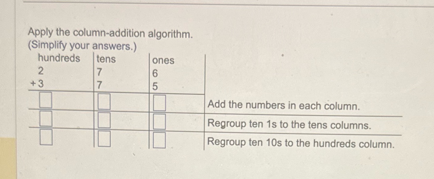 Apply the column-addition algorithm. (Simplify your answers.) hundreds 2 +3 tens ones