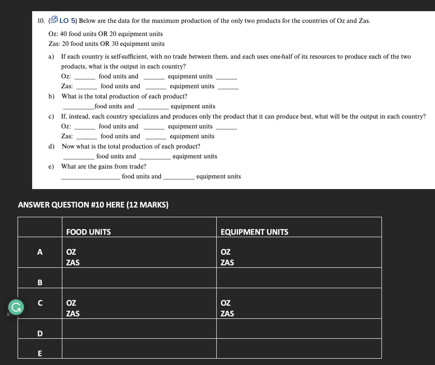 10. (LO 5) Below are the data for the maximum production of