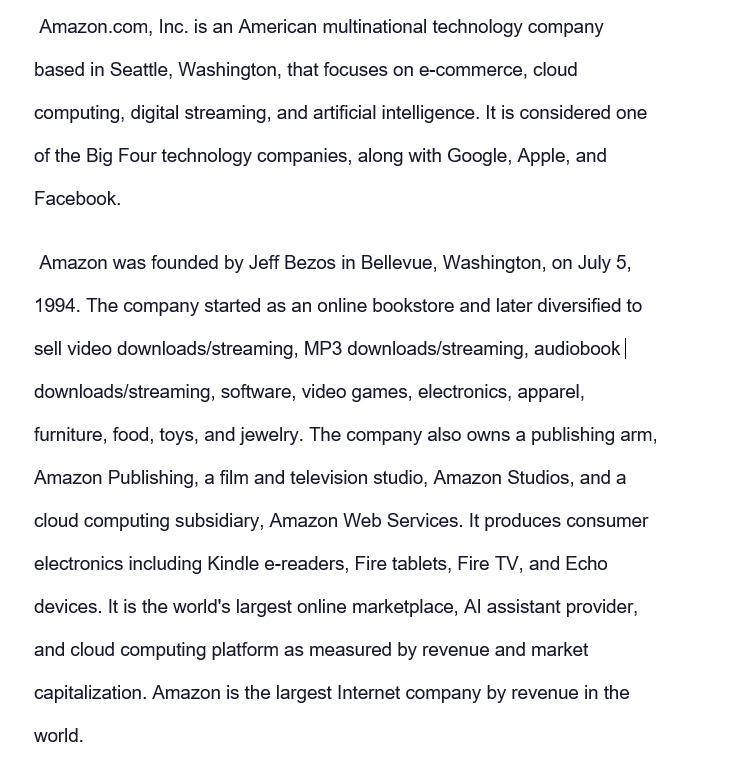 Amazon.com, Inc. is an American multinational technology company based in Seattle, Washington,