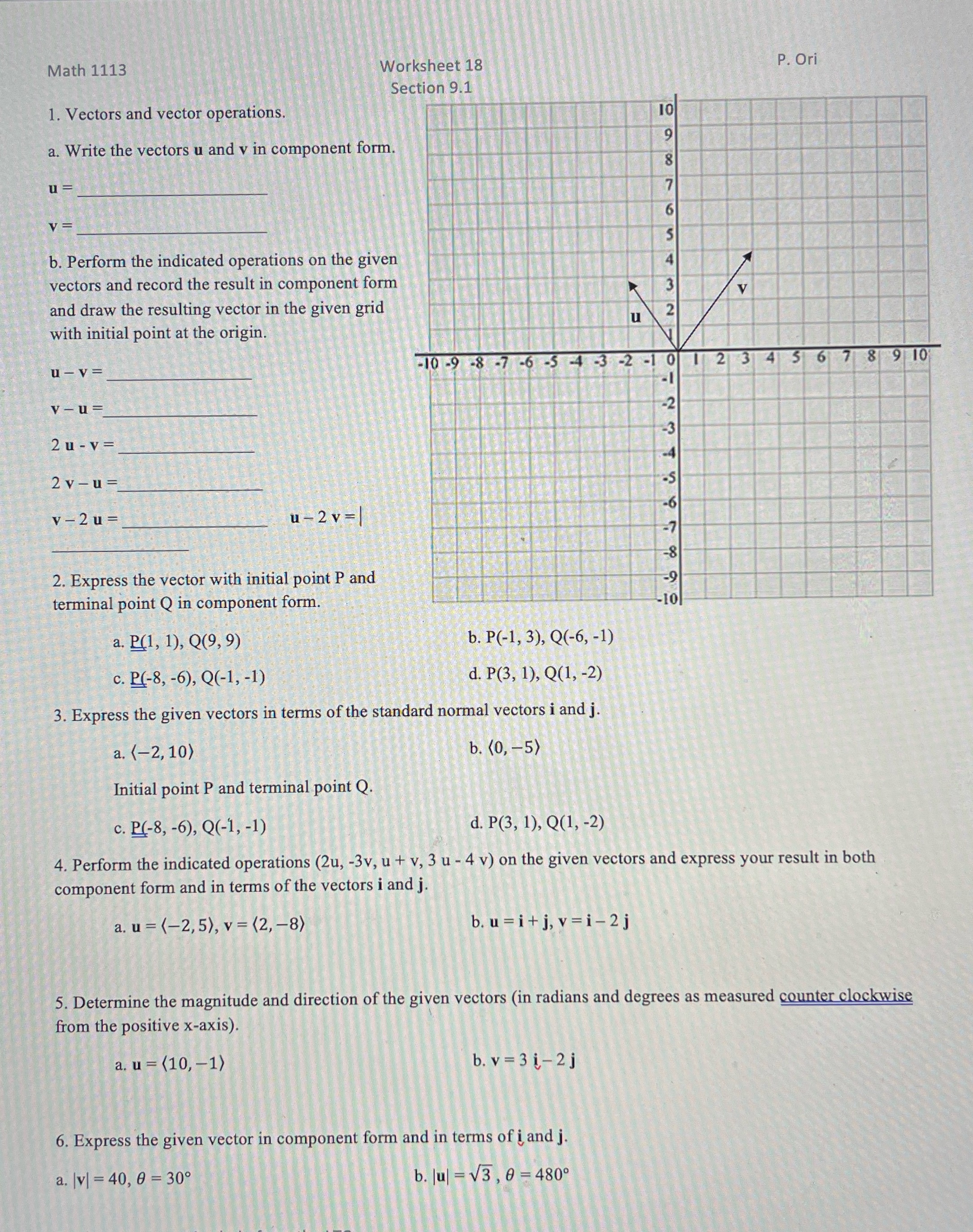 Worksheet 18 Section 9.1 Math 1113 1. Vectors and vector operations. a.