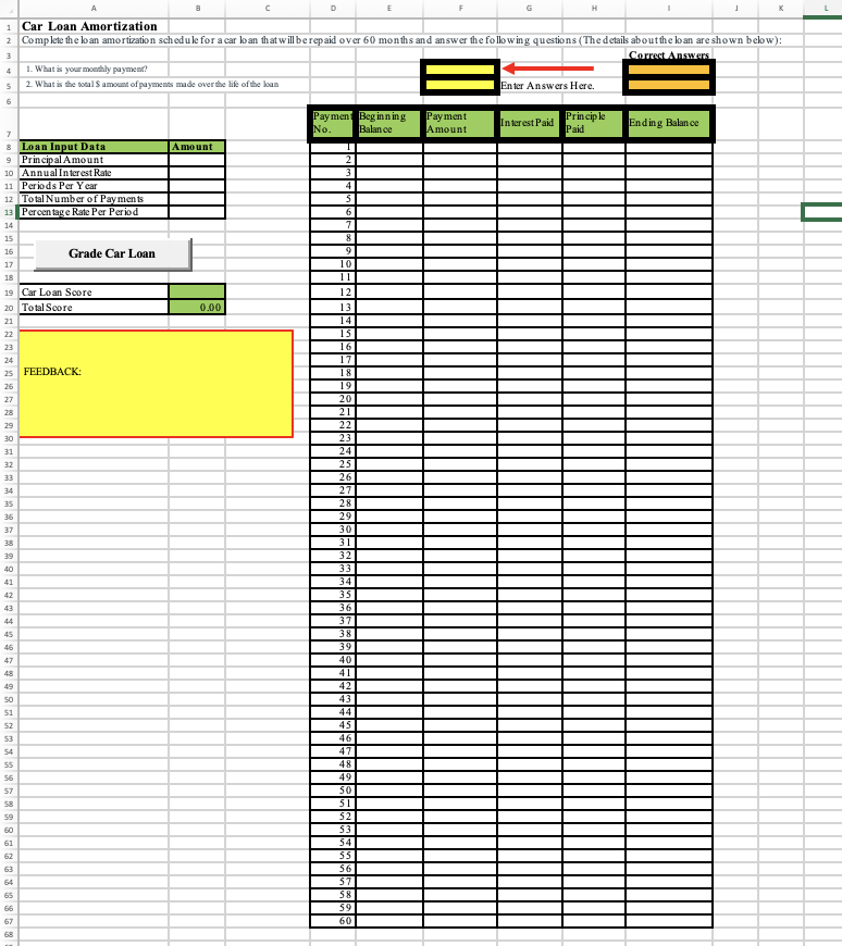 1 Car Loan Amortization C D E G H . K 2