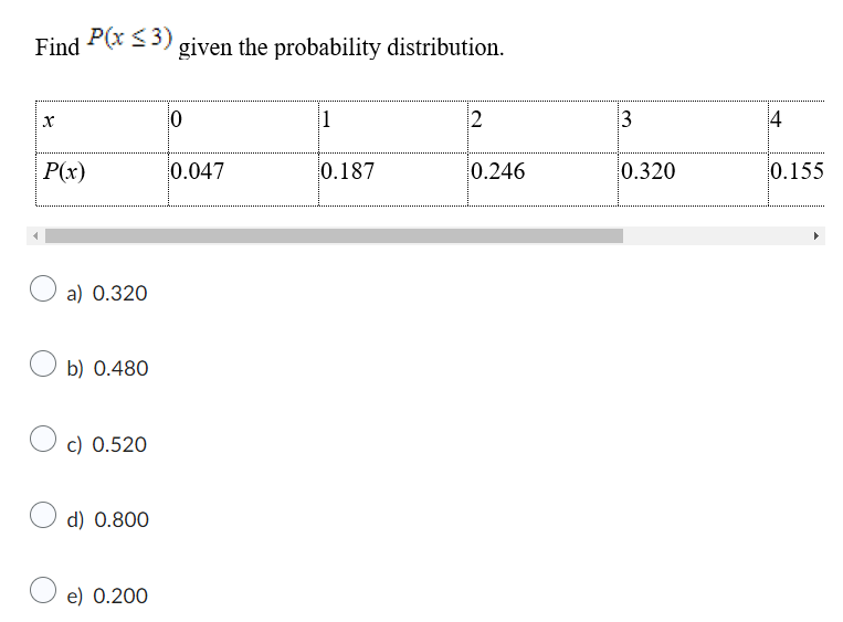 1 2 3 0.45 0.30 0.15 Find P(x 3) given the probability