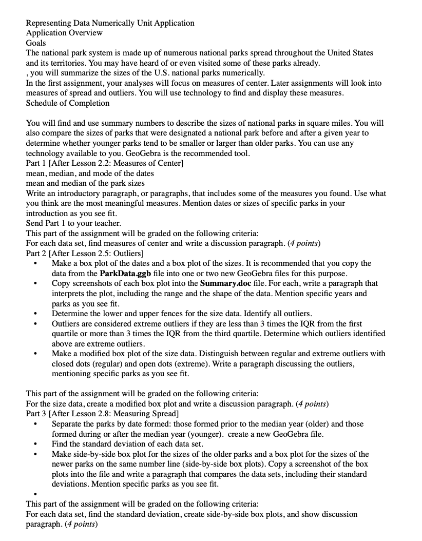 Representing Data Numerically Unit Application Application Overview Goals The national park system