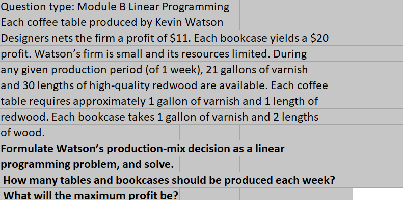 Question type: Module B Linear Programming Each coffee table produced by Kevin