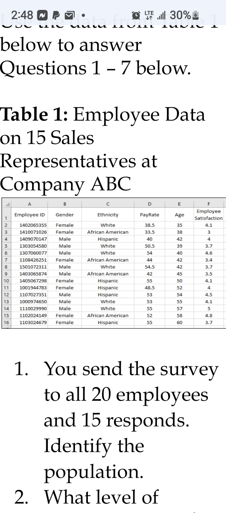 2:48 P. LTE 30% ill below to answer Questions 1 - 7