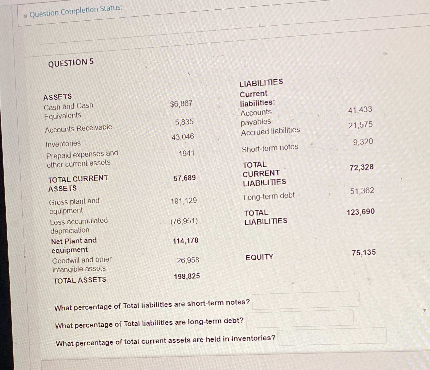 Question Completion Status: QUESTION 5 ASSETS LIABILITIES Current Cash and Cash $6,867