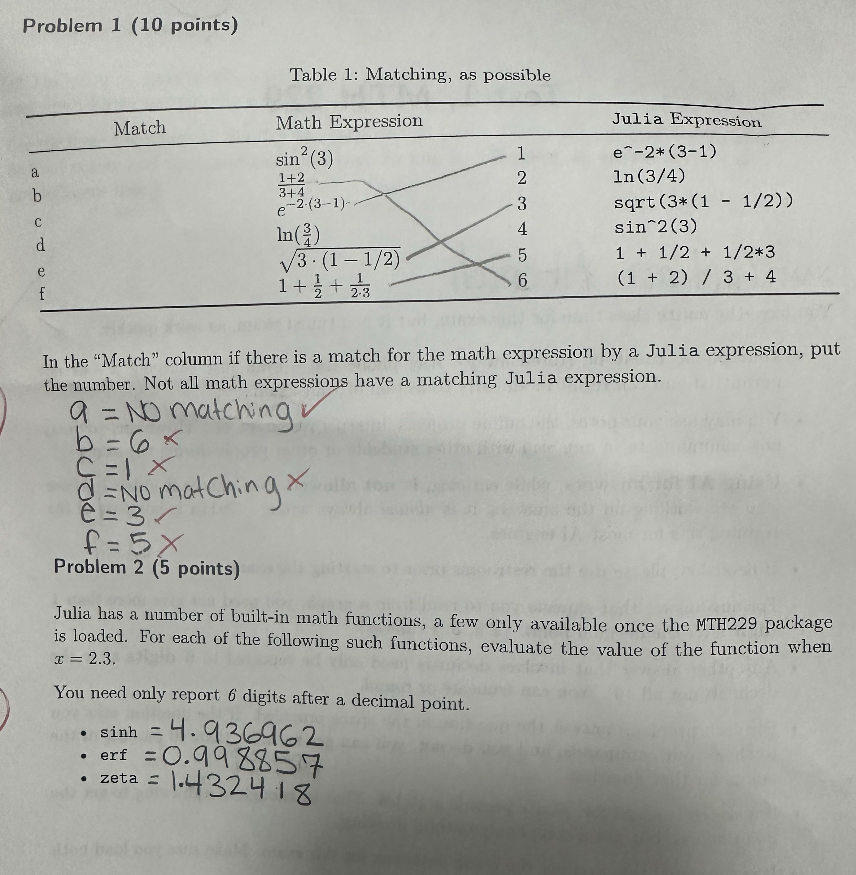 Problem 1 (10 points) a b C d e f Match Table