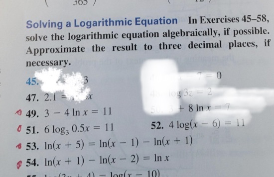 305 Solving a Logarithmic Equation In Exercises 45-58, solve the logarithmic equation
