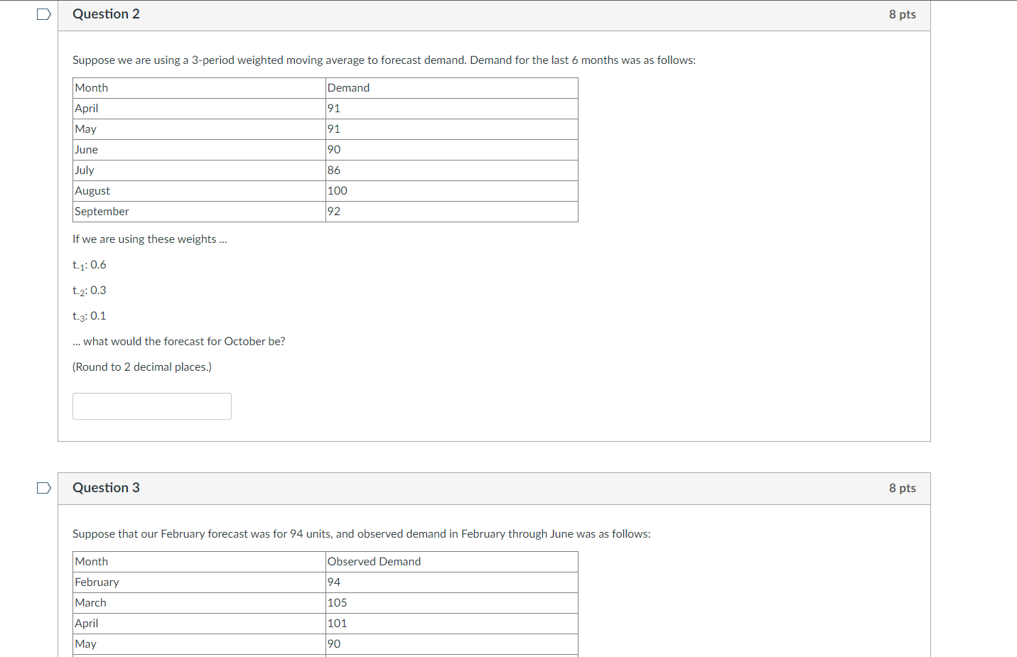 average to forecast demand. Demand for the last 6 months was as
