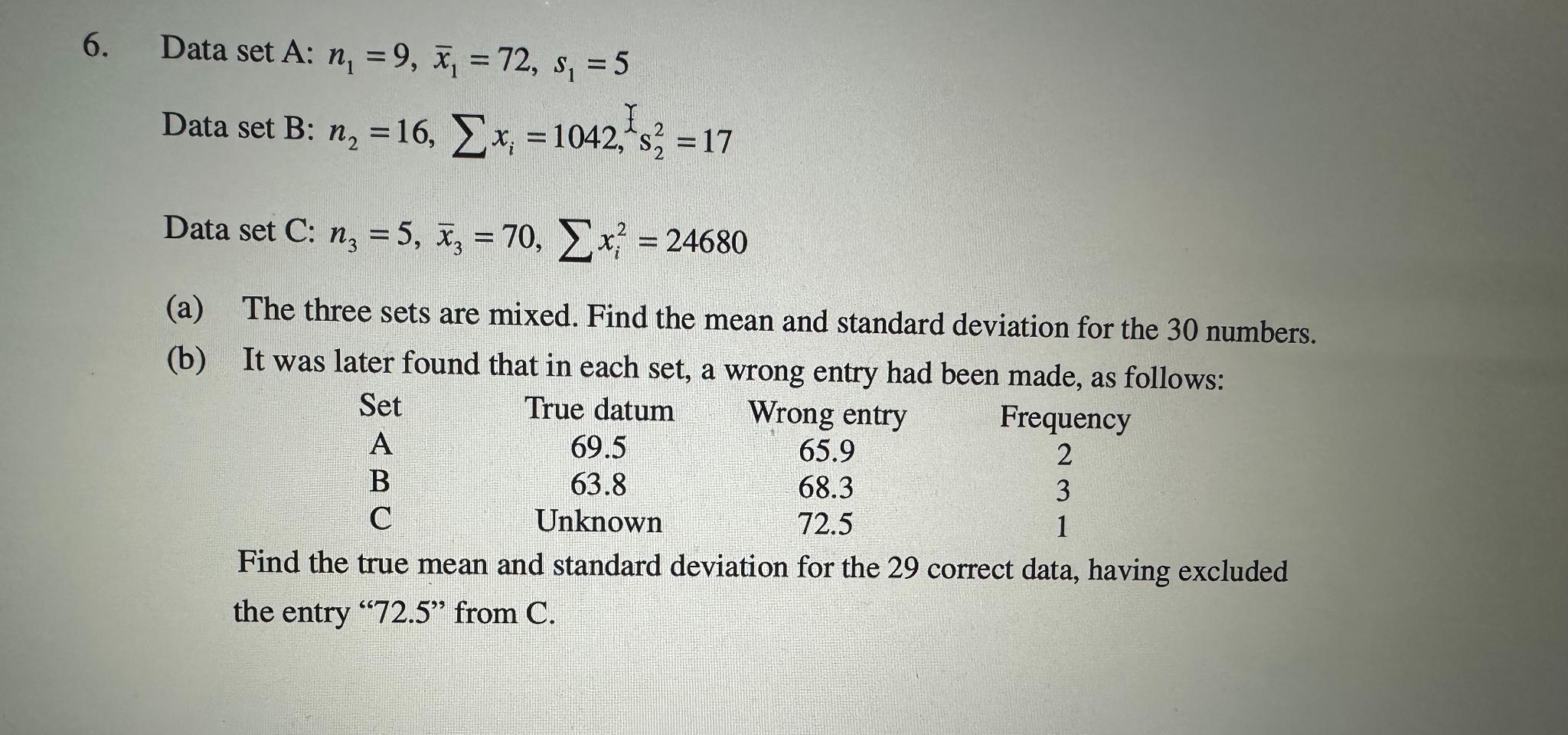 6. Data set A: n = 9, x = 72, s =