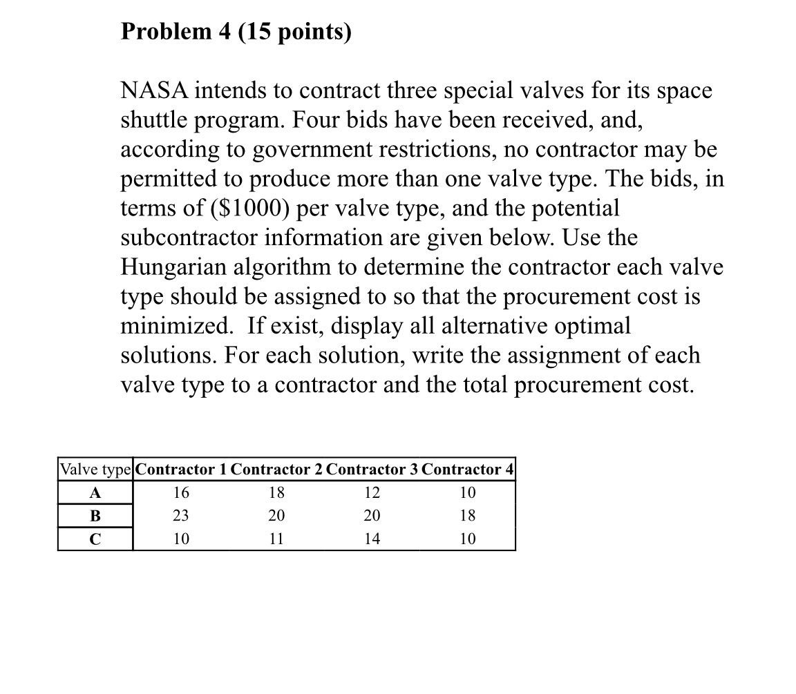 Problem 4 (15 points) NASA intends to contract three special valves for
