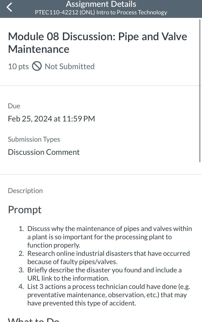 Assignment Details PTEC110-42212 (ONL) Intro to Process Technology Module 08 Discussion: Pipe
