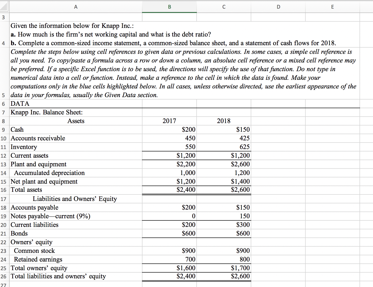 A 3 Given the information below for Knapp Inc.: B C D