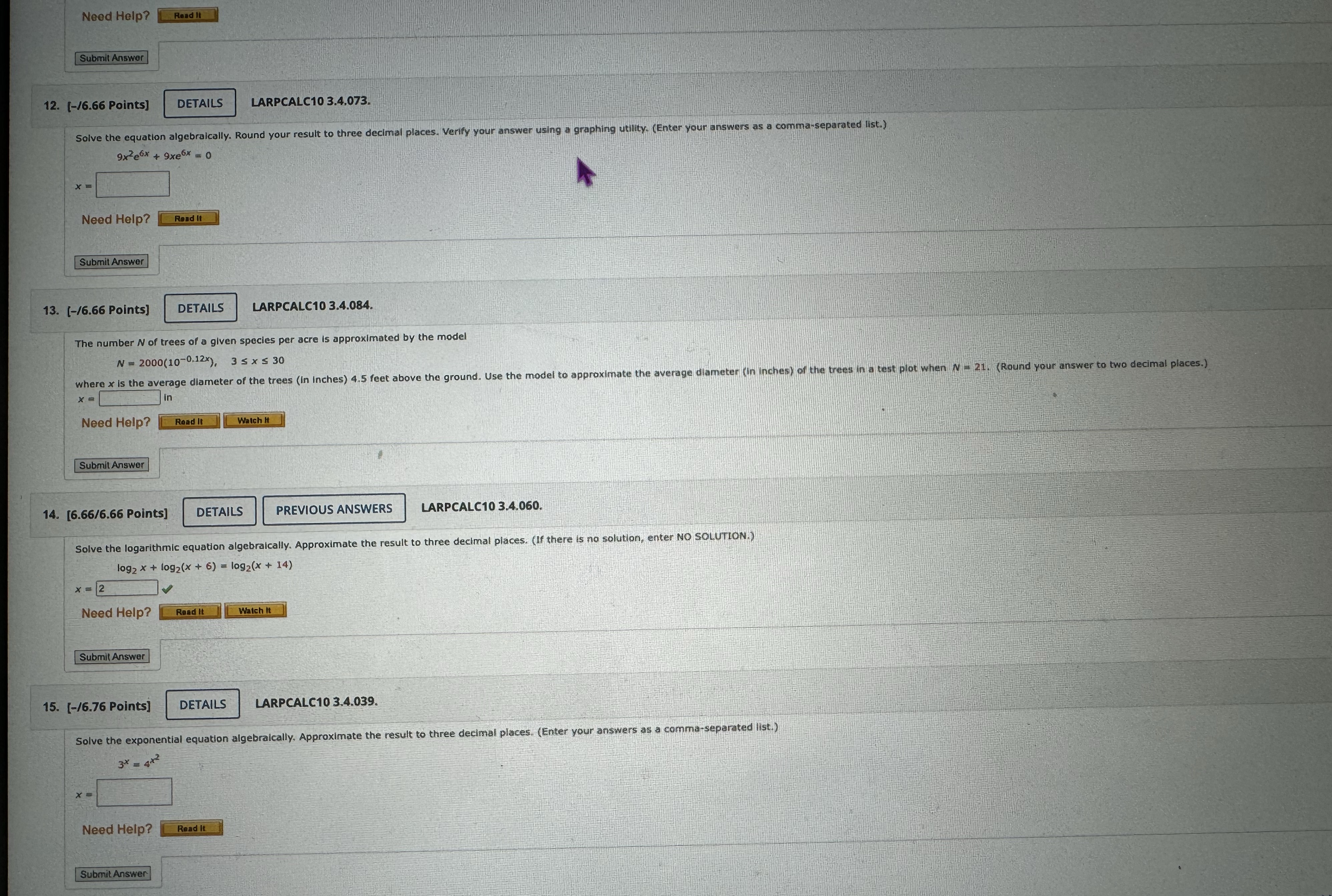 Need Help? Read It Submit Answer 12. (-/6.66 Points] DETAILS LARPCALC10 3.4.073.