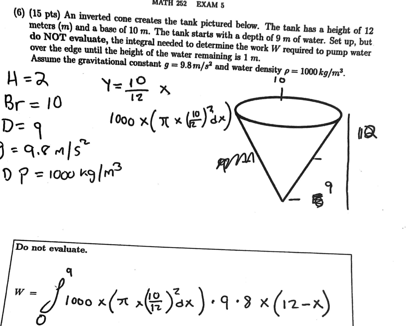 MATH 252 EXAM 5 (6) (15 pts) An inverted cone creates the