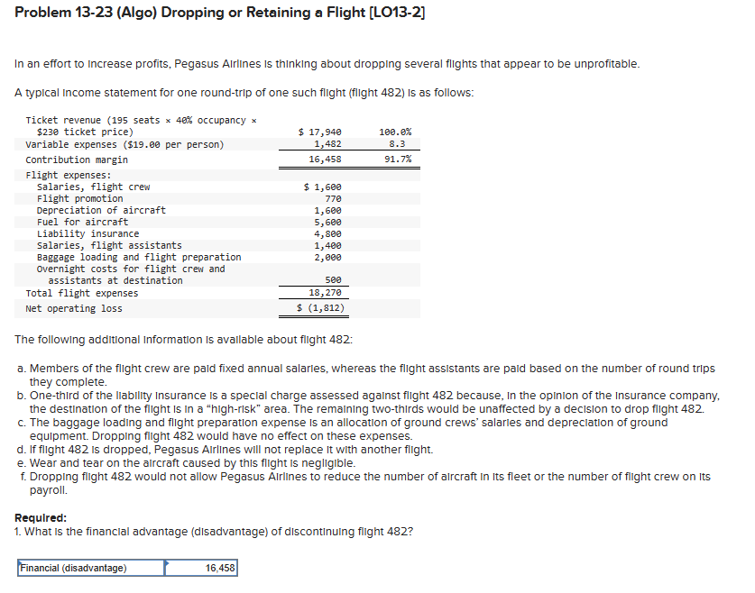 Problem 13-23 (Algo) Dropping or Retaining a Flight [LO13-2] In an effort
