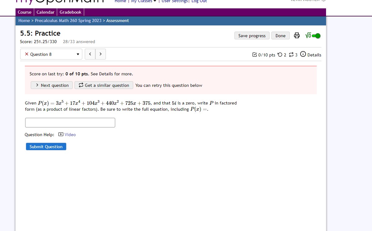 Home | My Classes User Settings Log Course Calendar Gradebook Home >