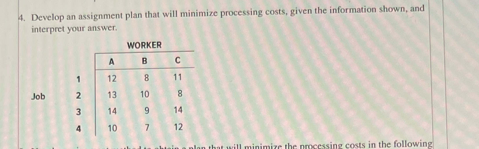 4. Develop an assignment plan that will minimize processing costs, given the