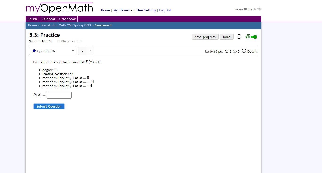 equation, including P(x) = Question Help: Video Submit Question Save progress Done