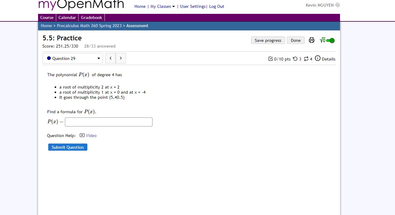 below The polynomial of degree 4, P(x), has a root of multiplicity