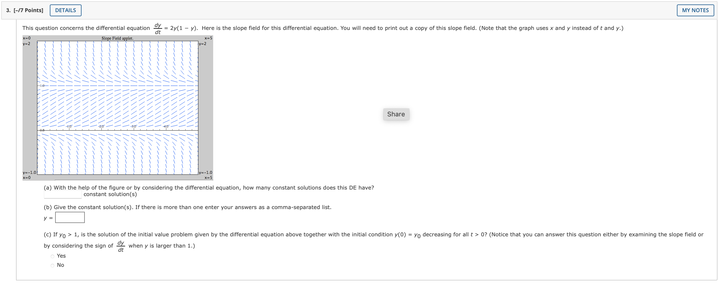 3. [-/7 Points] DETAILS This question concerns the differential equation x=0 y=2