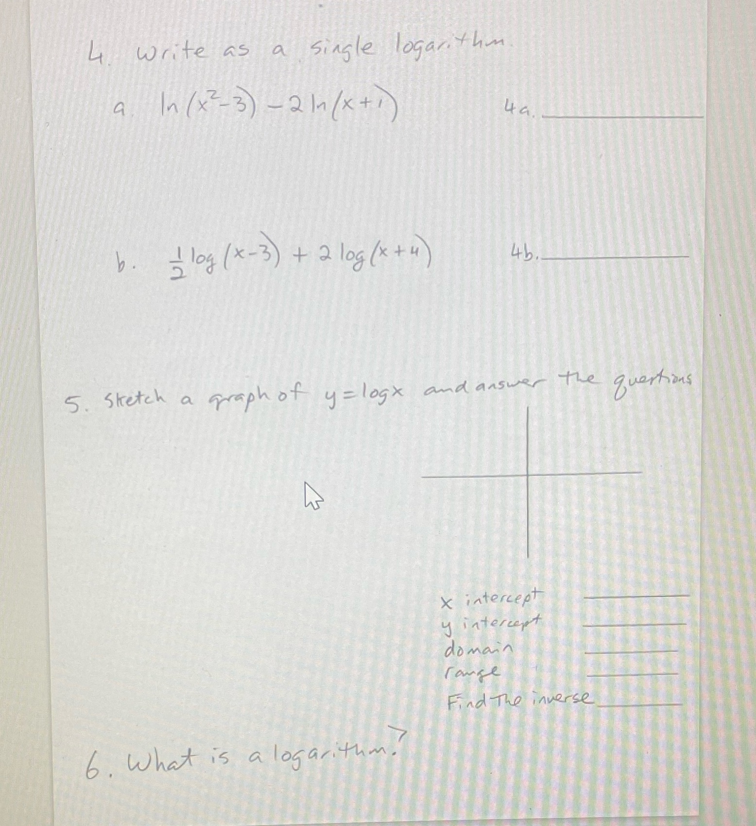 4 write as a Single logarithm. a. In (x-3)-2(x+1) 4a.. b. 1