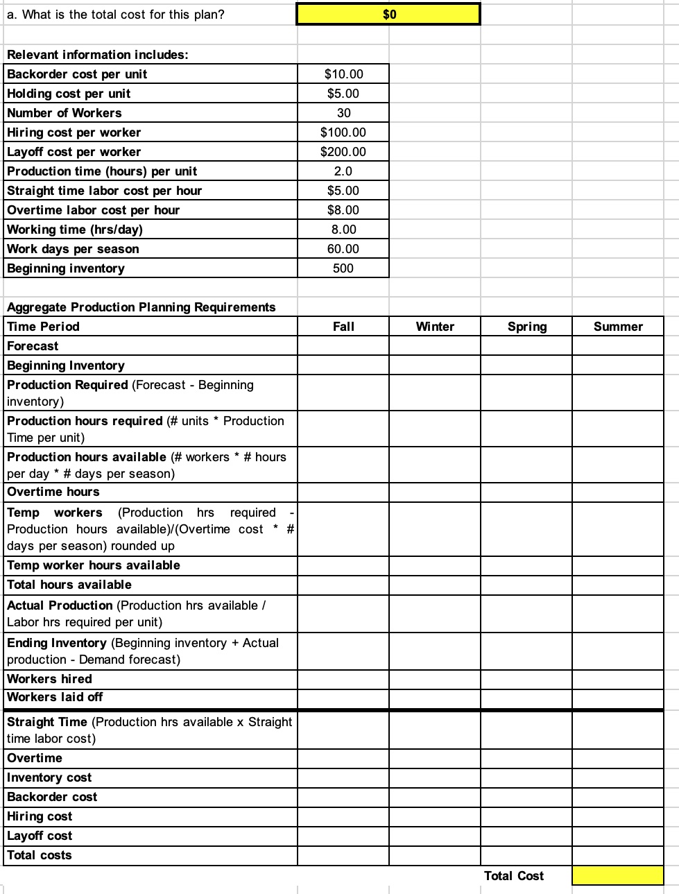 a. What is the total cost for this plan? Relevant information includes: