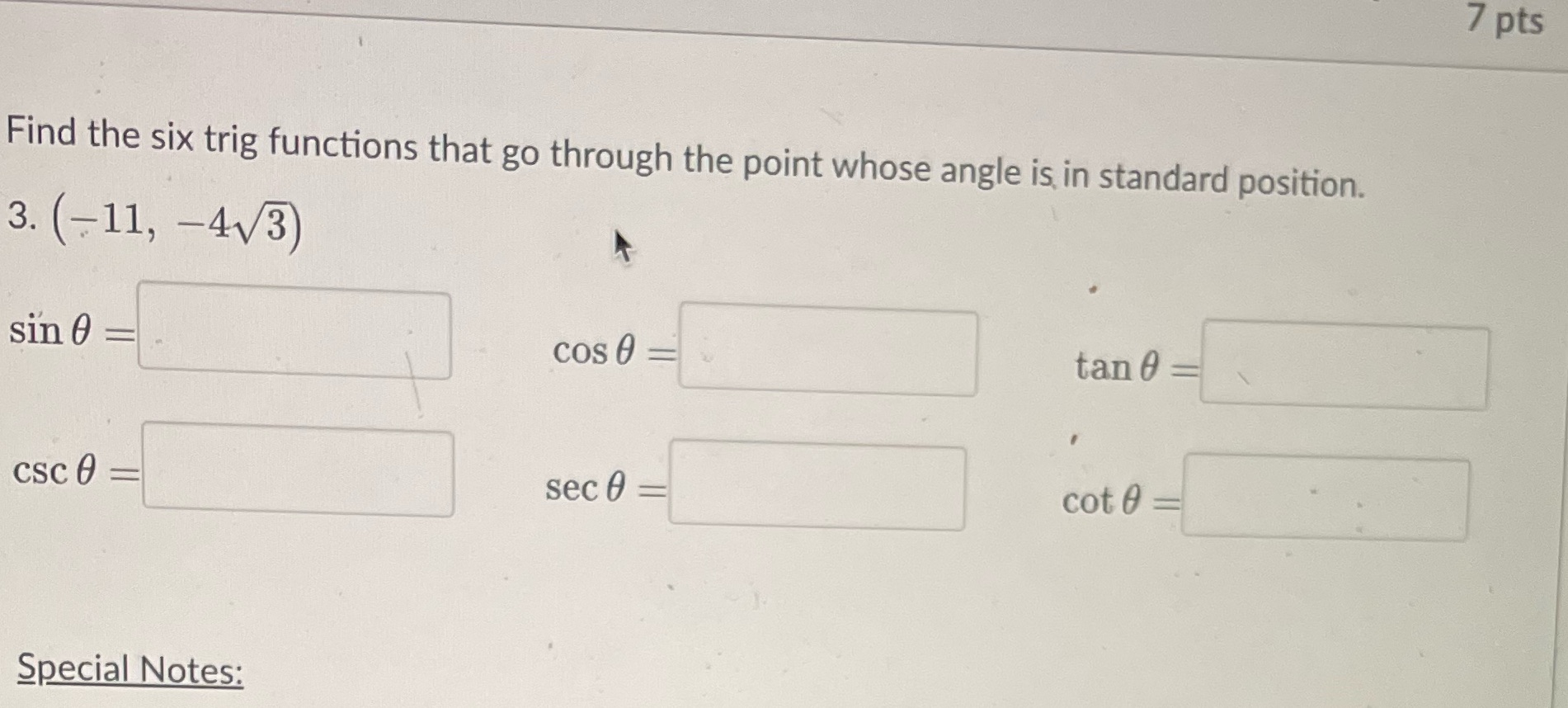 Find the six trig functions that go through the point whose angle