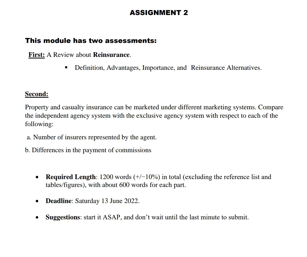 ASSIGNMENT 2 This module has two assessments: First: A Review about Reinsurance.