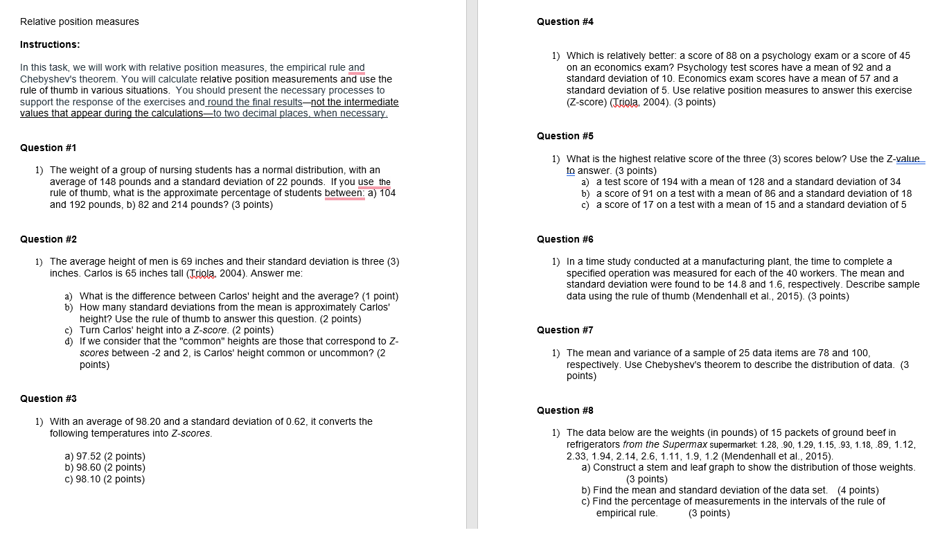 Relative position measures Instructions: In this task, we will work with relative