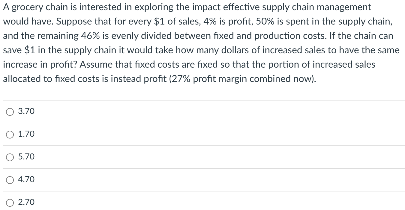 A grocery chain is interested in exploring the impact effective supply chain
