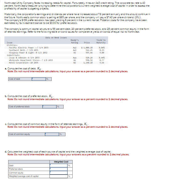 Northwest Utility Company faces Increasing needs for capital. Fortunately, it has an
