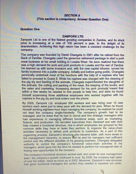 SECTION A (This section is compulsory. Answer Question One) Question One ZAMPORK