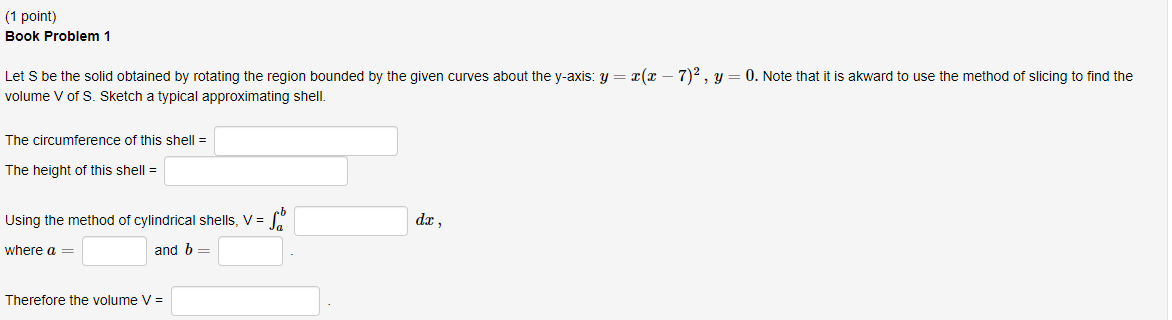 (1 point) Book Problem 1 Let S be the solid obtained by