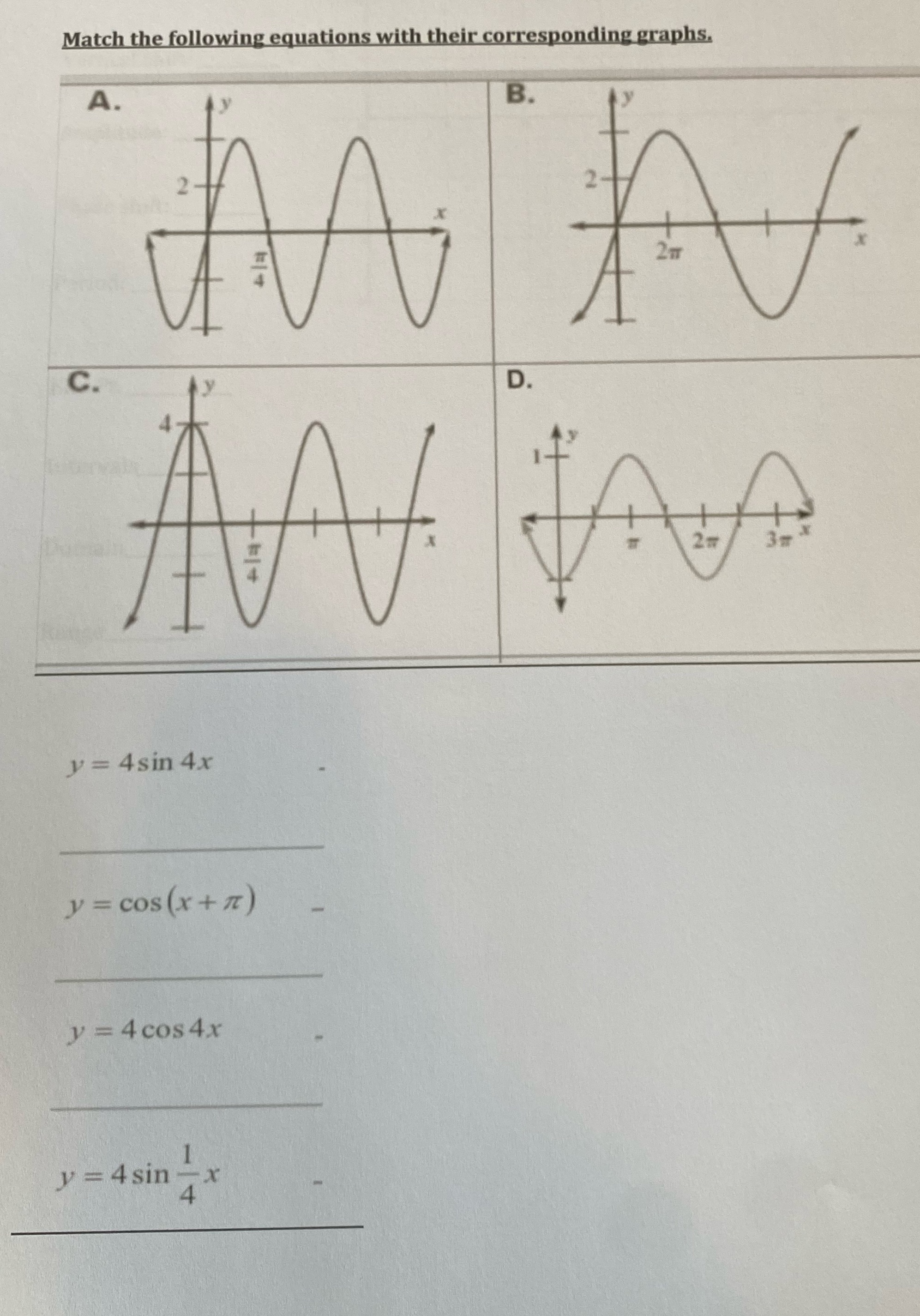Match the following equations with their corresponding graphs. C. A. 2 B.