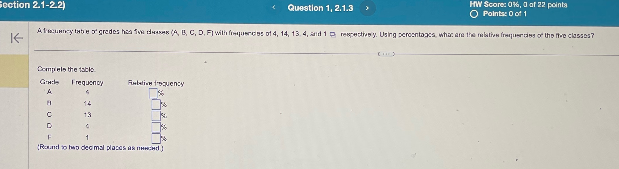 Section 2.1-2.2) < Question 1, 2.1.3 > HW Score: 0%, 0 of